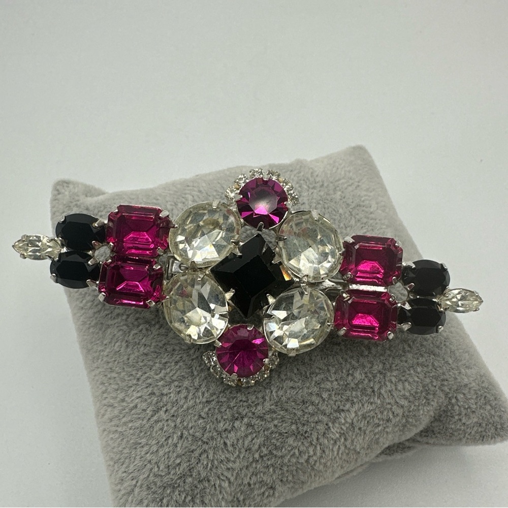 Vintage Large Harlequin Brooch with Black and Pink Rhinestones #671‎
